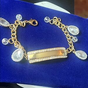 Goldtone Diamond ( CZ) edged ID Bracelet with Dangling Crystals and Beads